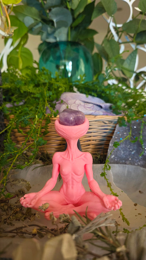 Pink figurine with a purple sphere amidst green plants
